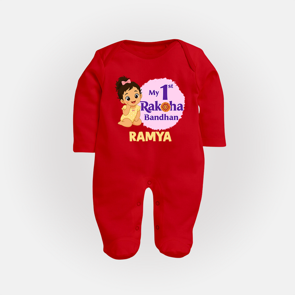 My First Raksha Bandhan Baby Girl Fullbody Suit – girl sitting with Rakhi theme. - RED - New Born (Chest 7.5")