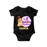 My First Raksha Bandhan Baby Girl Romper  – girl sitting with Rakhi theme. - BLACK - New Born (Chest 14")