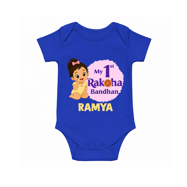 My First Raksha Bandhan Baby Girl Romper  – girl sitting with Rakhi theme. - COBALT BLUE - New Born (Chest 14")