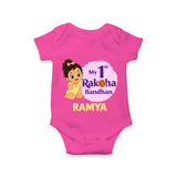 My First Raksha Bandhan Baby Girl Romper  – girl sitting with Rakhi theme. - HOT PINK - New Born (Chest 14")