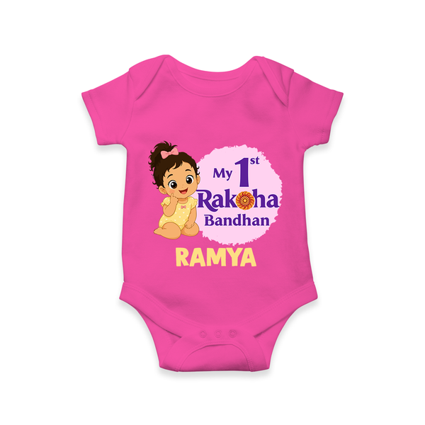 My First Raksha Bandhan Baby Girl Romper  – girl sitting with Rakhi theme. - HOT PINK - New Born (Chest 14")