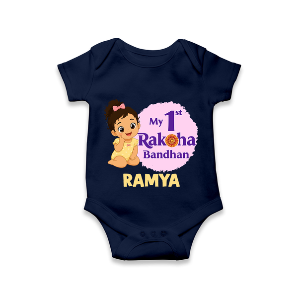 My First Raksha Bandhan Baby Girl Romper  – girl sitting with Rakhi theme. - NAVY BLUE - New Born (Chest 14")