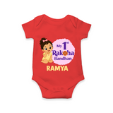 My First Raksha Bandhan Baby Girl Romper  – girl sitting with Rakhi theme. - RED - New Born (Chest 14")