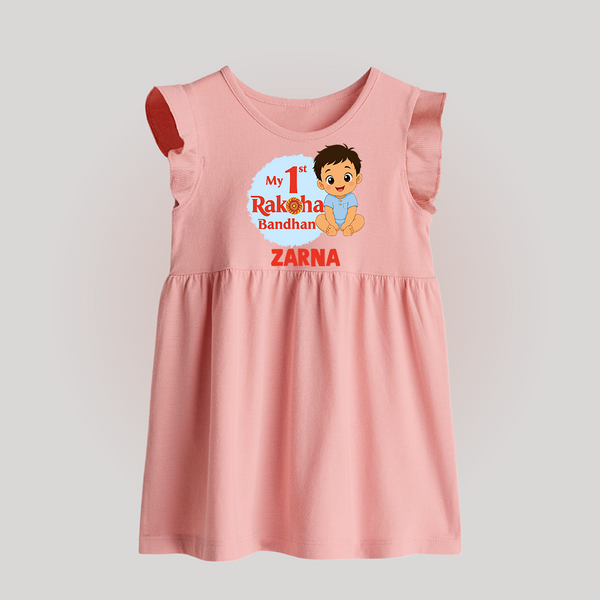 My First Raksha Bandhan Baby Boy Baby Frock– boy sitting with Rakhi theme. - BABY PINK - 0 - 3 Months Old (Chest 17")