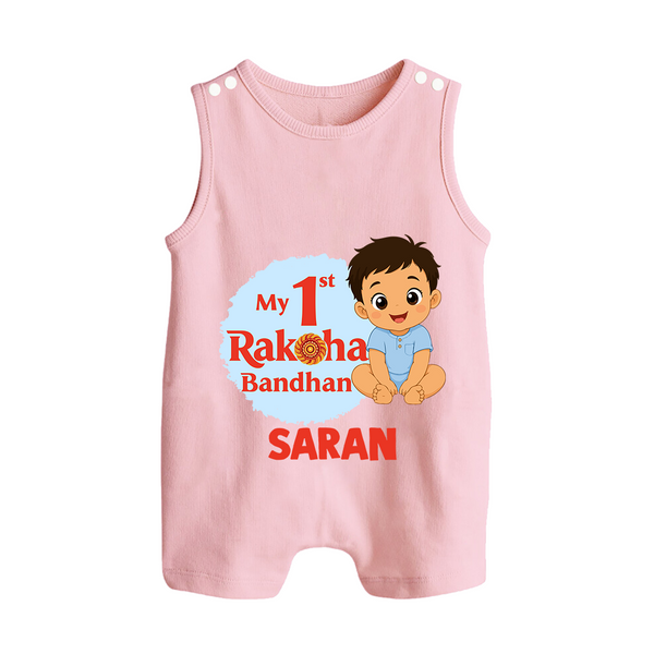 My First Raksha Bandhan Baby Boy Button Romper– boy sitting with Rakhi theme. - BABY PINK - New Born (Chest 18")