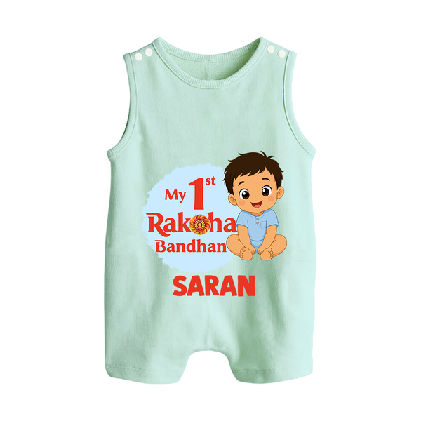 My First Raksha Bandhan Baby Boy Button Romper– boy sitting with Rakhi theme. - MINT GREEN - New Born (Chest 18")