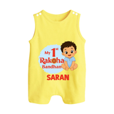 My First Raksha Bandhan Baby Boy Button Romper– boy sitting with Rakhi theme. - PASTEL YELLOW - New Born (Chest 18")