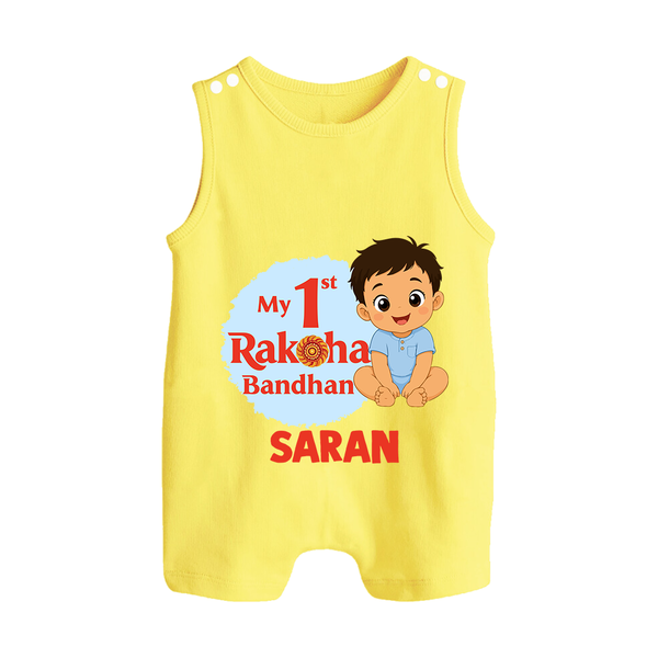 My First Raksha Bandhan Baby Boy Button Romper– boy sitting with Rakhi theme. - PASTEL YELLOW - New Born (Chest 18")