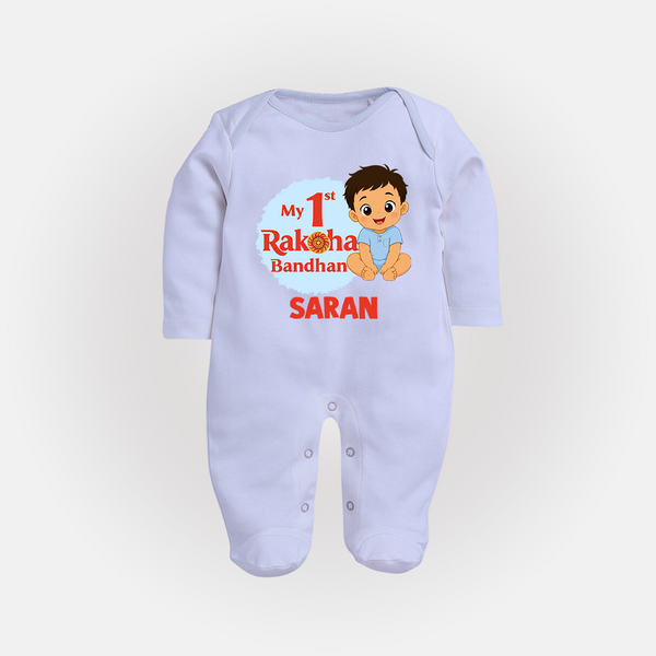 My First Raksha Bandhan Baby Boy Fullbody Suit– boy sitting with Rakhi theme. - BABY BLUE - New Born (Chest 7.5")
