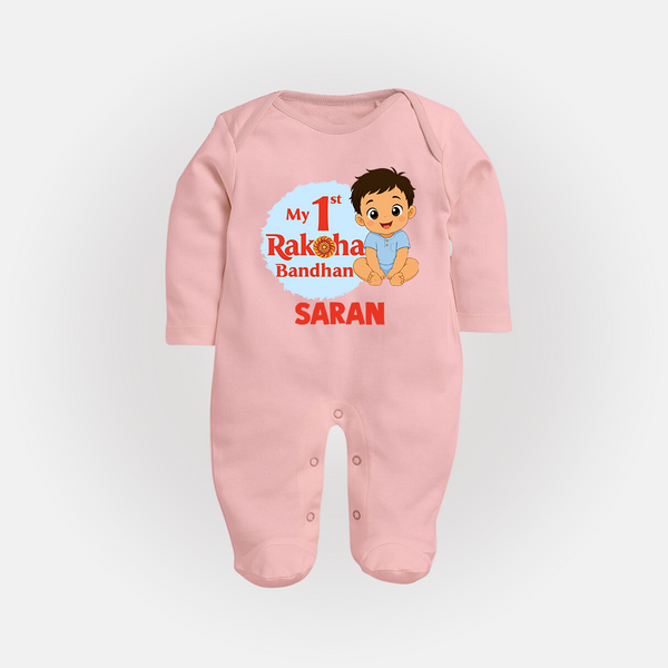 My First Raksha Bandhan Baby Boy Fullbody Suit– boy sitting with Rakhi theme. - BABY PINK - New Born (Chest 7.5")
