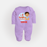 My First Raksha Bandhan Baby Boy Fullbody Suit– boy sitting with Rakhi theme. - LILAC - New Born (Chest 7.5")