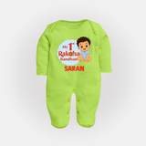 My First Raksha Bandhan Baby Boy Fullbody Suit– boy sitting with Rakhi theme. - LIME GREEN - New Born (Chest 7.5")