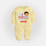 My First Raksha Bandhan Baby Boy Fullbody Suit– boy sitting with Rakhi theme. - PASTEL YELLOW - New Born (Chest 7.5")
