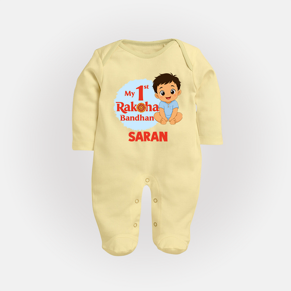 My First Raksha Bandhan Baby Boy Fullbody Suit– boy sitting with Rakhi theme. - PASTEL YELLOW - New Born (Chest 7.5")