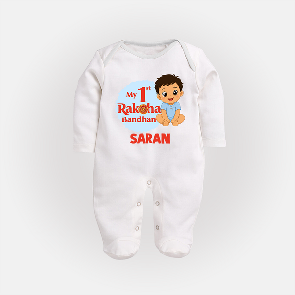 My First Raksha Bandhan Baby Boy Fullbody Suit– boy sitting with Rakhi theme. - WHITE - New Born (Chest 7.5")