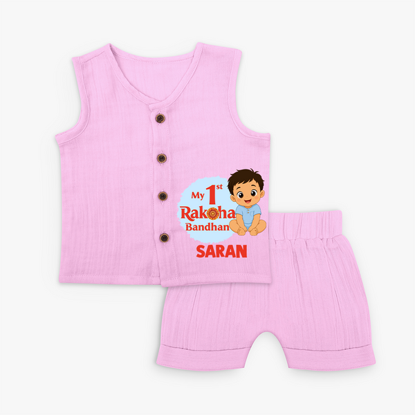 My First Raksha Bandhan Baby Boy Jabla– boy sitting with Rakhi theme. - BABY PINK - 0 - 3 Months Old (Chest 9.8")