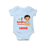 My First Raksha Bandhan Baby Boy Romper – boy sitting with Rakhi theme. - BABY BLUE - New Born (Chest 14")
