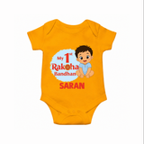 My First Raksha Bandhan Baby Boy Romper – boy sitting with Rakhi theme. - CHROME YELLOW - New Born (Chest 14")
