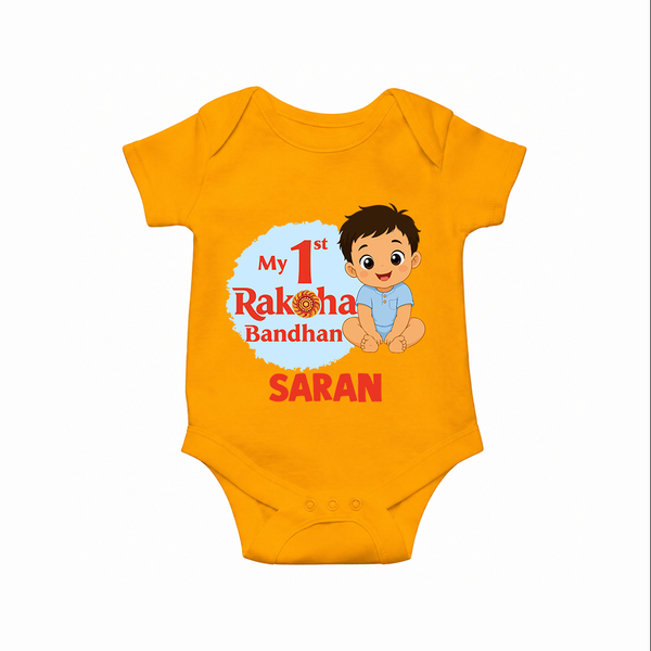 My First Raksha Bandhan Baby Boy Romper – boy sitting with Rakhi theme. - CHROME YELLOW - New Born (Chest 14")