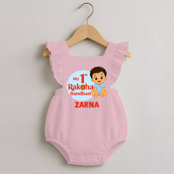 My First Raksha Bandhan Baby Boy Romper Frock– boy sitting with Rakhi theme. - BABY PINK - 0 - 3 Months Old (Chest 19")