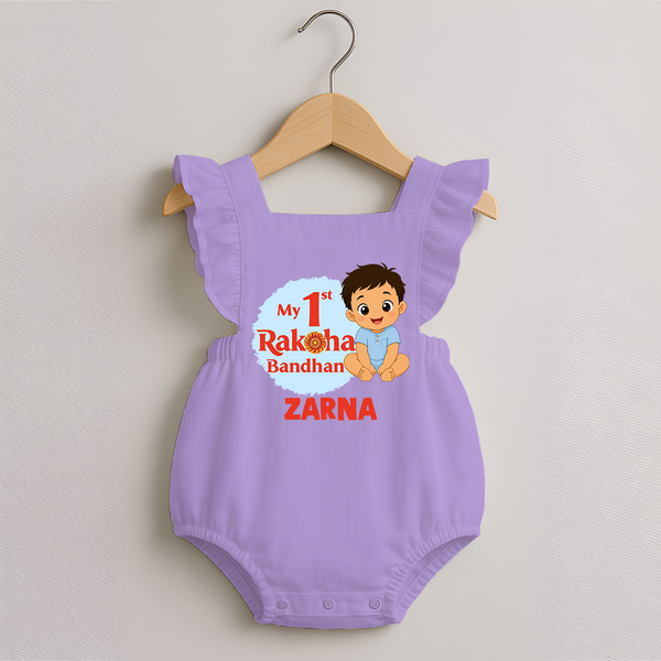 My First Raksha Bandhan Baby Boy Romper Frock– boy sitting with Rakhi theme. - LILAC - 0 - 3 Months Old (Chest 19")