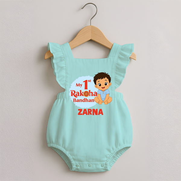 My First Raksha Bandhan Baby Boy Romper Frock– boy sitting with Rakhi theme. - MINT GREEN - 0 - 3 Months Old (Chest 19")