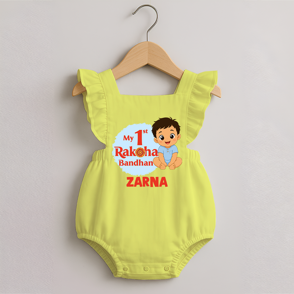 My First Raksha Bandhan Baby Boy Romper Frock– boy sitting with Rakhi theme. - PASTEL YELLOW - 0 - 3 Months Old (Chest 19")