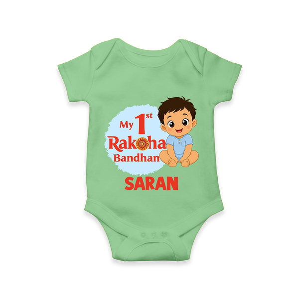 My First Raksha Bandhan Baby Boy Romper – boy sitting with Rakhi theme. - GREEN - New Born (Chest 14")