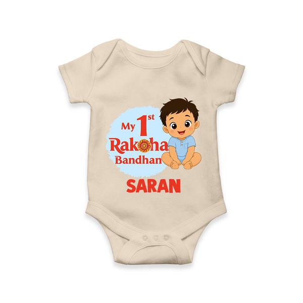 My First Raksha Bandhan Baby Boy Romper – boy sitting with Rakhi theme. - IVORY - New Born (Chest 14")