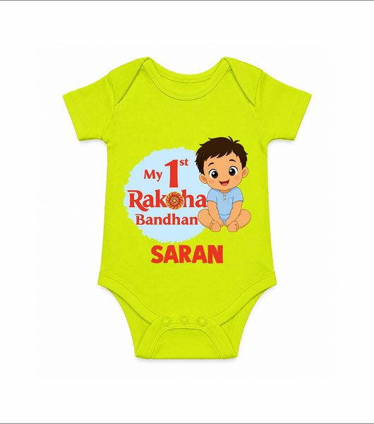 My First Raksha Bandhan Baby Boy Romper – boy sitting with Rakhi theme. - LIME GREEN - New Born (Chest 14")