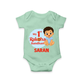 My First Raksha Bandhan Baby Boy Romper – boy sitting with Rakhi theme. - MINT GREEN - New Born (Chest 14")