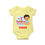 My First Raksha Bandhan Baby Boy Romper – boy sitting with Rakhi theme. - PASTEL YELLOW - New Born (Chest 14")