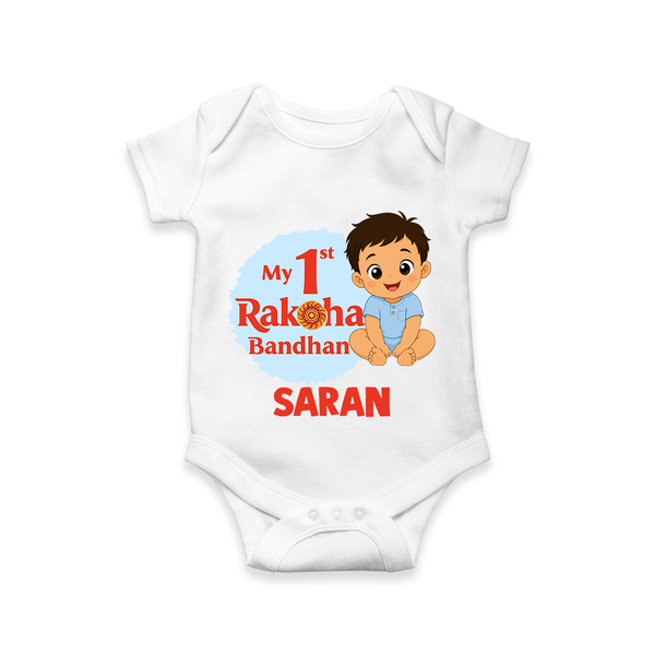 My First Raksha Bandhan Baby Boy Romper – boy sitting with Rakhi theme. - WHITE - New Born (Chest 14")