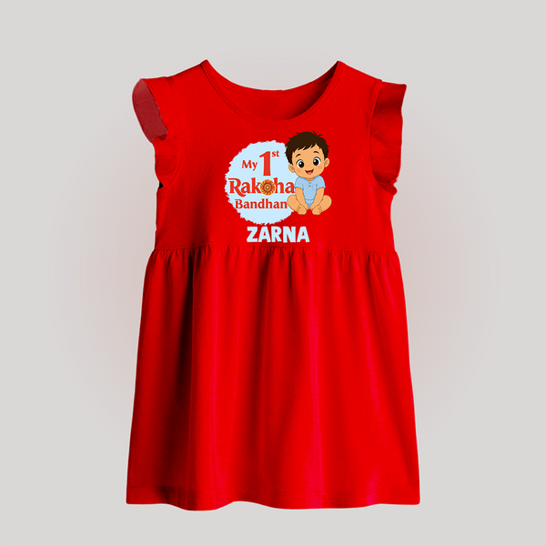 My First Raksha Bandhan Baby Boy Baby Frock– boy sitting with Rakhi theme. - RED - 0 - 3 Months Old (Chest 17")