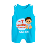 My First Raksha Bandhan Baby Boy Button Romper– boy sitting with Rakhi theme. - SKY BLUE - New Born (Chest 18")