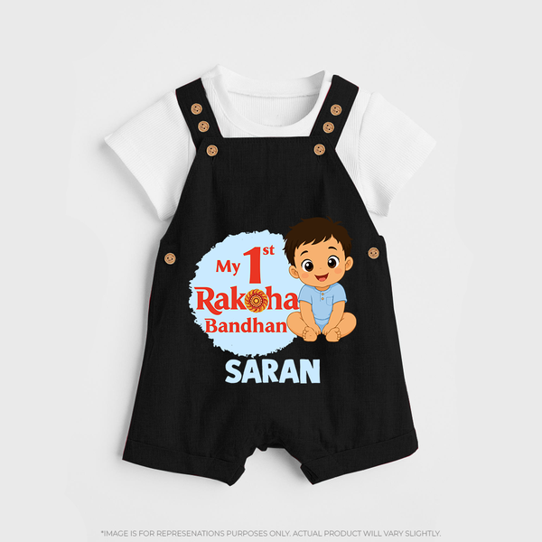 My First Raksha Bandhan Baby Boy Dungaree– boy sitting with Rakhi theme. - BLACK - 0 - 5 Months Old (Chest 18")