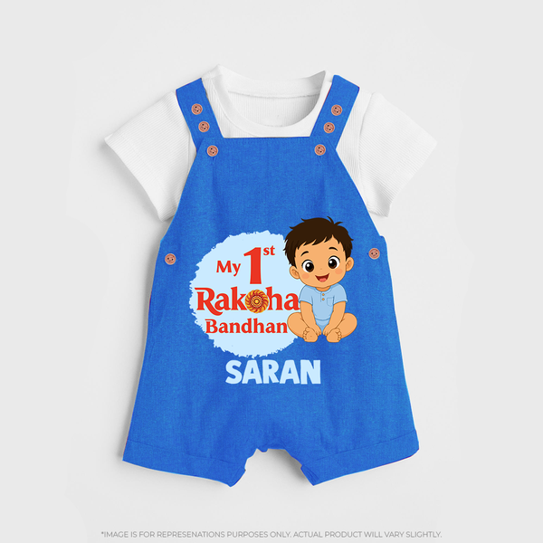 My First Raksha Bandhan Baby Boy Dungaree– boy sitting with Rakhi theme. - COBALT BLUE - 0 - 5 Months Old (Chest 18")