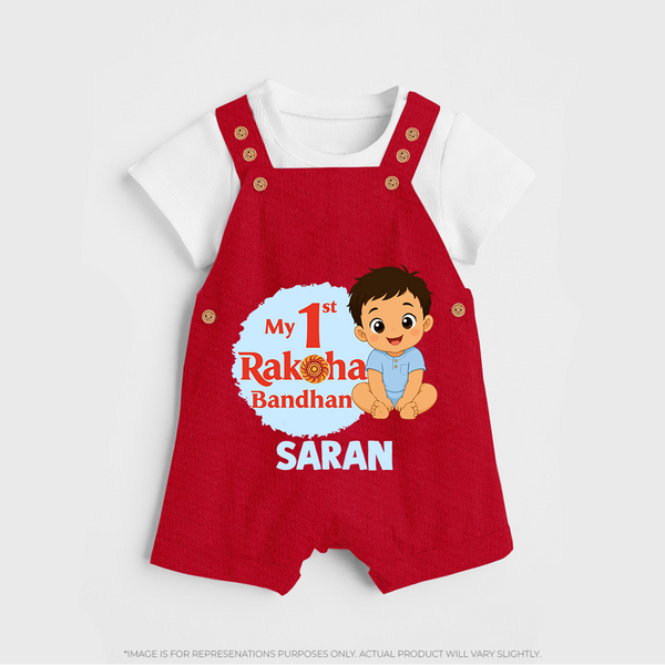 My First Raksha Bandhan Baby Boy Dungaree– boy sitting with Rakhi theme. - RED - 0 - 5 Months Old (Chest 18")