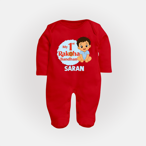 My First Raksha Bandhan Baby Boy Fullbody Suit– boy sitting with Rakhi theme. - RED - New Born (Chest 7.5")
