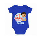 My First Raksha Bandhan Baby Boy Romper – boy sitting with Rakhi theme. - COBALT BLUE - New Born (Chest 14")