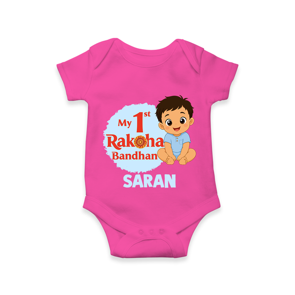 My First Raksha Bandhan Baby Boy Romper – boy sitting with Rakhi theme. - HOT PINK - New Born (Chest 14")