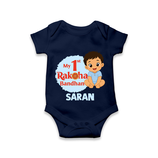 My First Raksha Bandhan Baby Boy Romper – boy sitting with Rakhi theme. - NAVY BLUE - New Born (Chest 14")