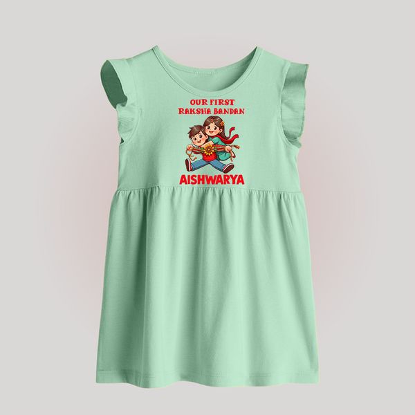 Our First Raksha Bandhan Sibling Baby Frock – brother & sister holding Rakhi. - MINT GREEN - 0 - 3 Months Old (Chest 17")