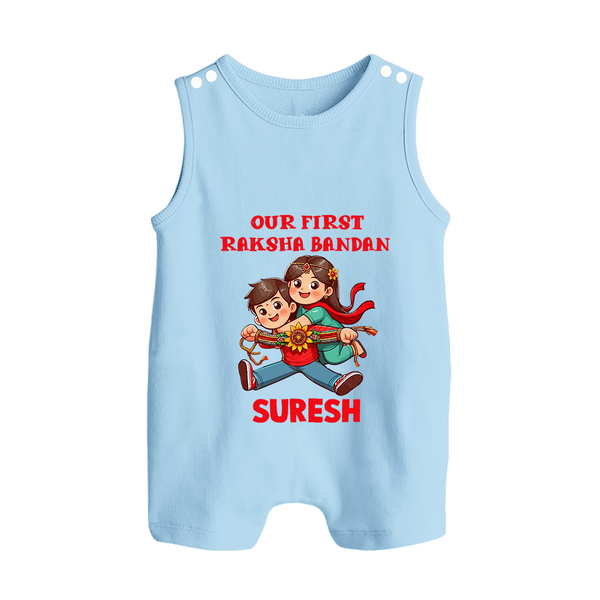 Our First Raksha Bandhan Sibling Button Romper – brother & sister holding Rakhi. - BABY BLUE - New Born (Chest 18")