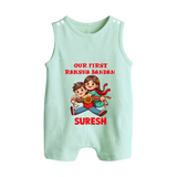 Our First Raksha Bandhan Sibling Button Romper – brother & sister holding Rakhi. - MINT GREEN - New Born (Chest 18")