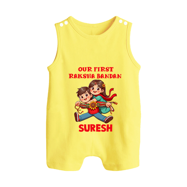 Our First Raksha Bandhan Sibling Button Romper – brother & sister holding Rakhi. - PASTEL YELLOW - New Born (Chest 18")