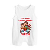 Our First Raksha Bandhan Sibling Button Romper – brother & sister holding Rakhi. - WHITE - New Born (Chest 18")