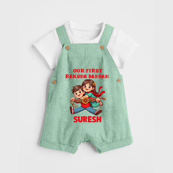 Our First Raksha Bandhan Sibling Dungaree – brother & sister holding Rakhi. - MINT GREEN - 0 - 5 Months Old (Chest 18")