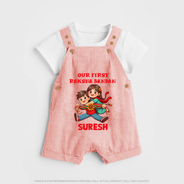 Our First Raksha Bandhan Sibling Dungaree – brother & sister holding Rakhi. - PEACH - 0 - 5 Months Old (Chest 18")