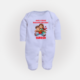 Our First Raksha Bandhan Sibling Fullbody Suit – brother & sister holding Rakhi. - BABY BLUE - New Born (Chest 7.5")